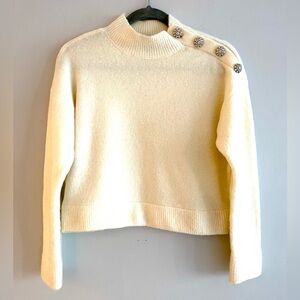 Ann Taylor Cream Turtleneck Sweater with Rhinestone Button Accents